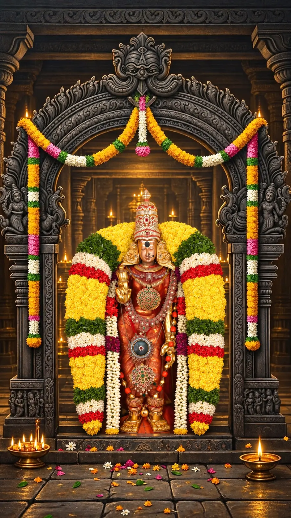 மலர் மாலைகளால் அலங்கரிக்கப்பட்ட கோவில் திருவுருவம்
