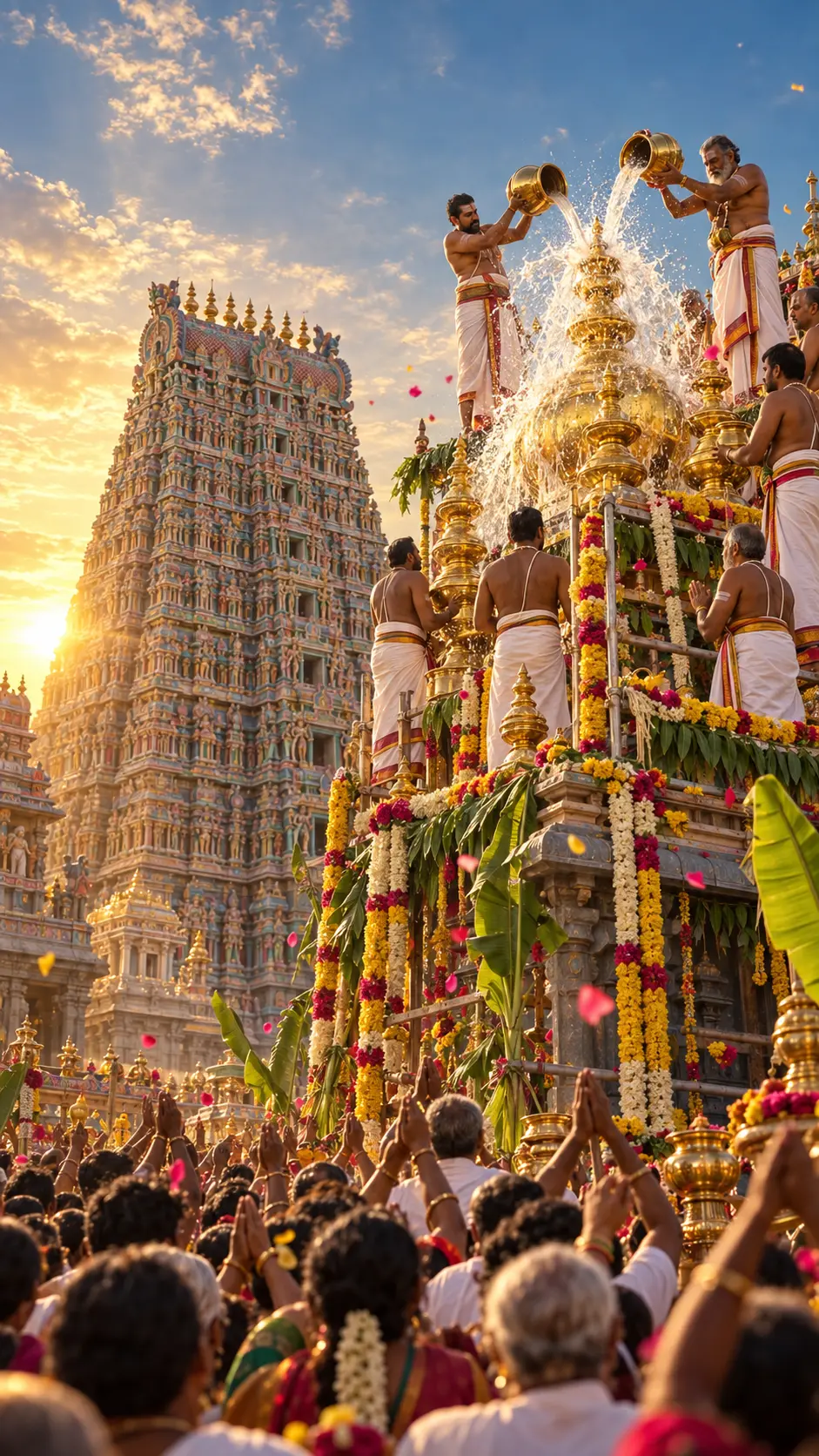 கோபுரக் கலசங்களின் மீது சிவாச்சாரியார்கள் புனித நீர் ஊற்றும் கும்பாபிஷேகக் காட்சி
